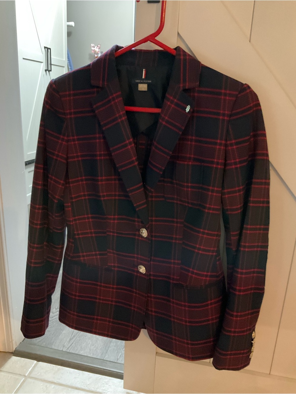 Tommy Hilfiger Navy and Red Plaid Blazer gold buttons 4